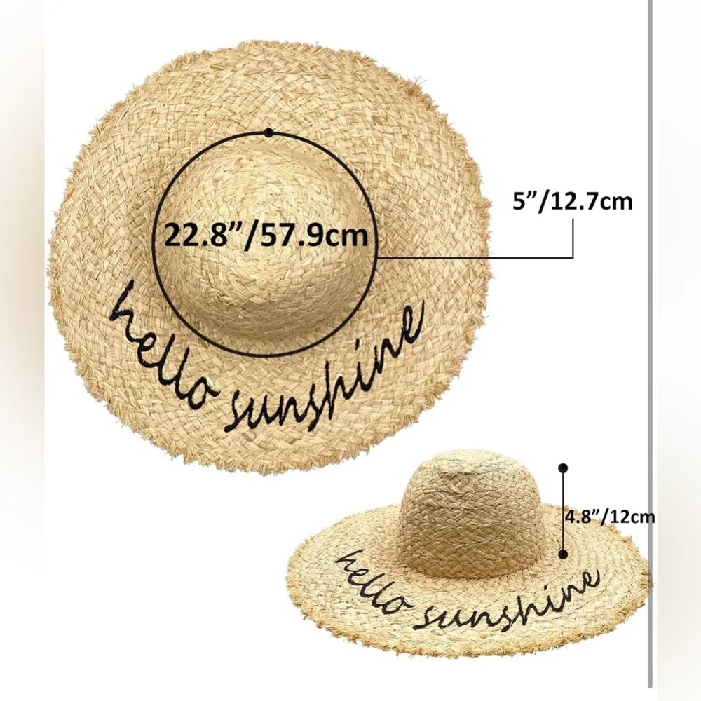 🔥2for$20 Straw Sun Hat - "Hello Sunshine" Wide Brim - Natural - CRUSHABLE - Picture 2 of 11